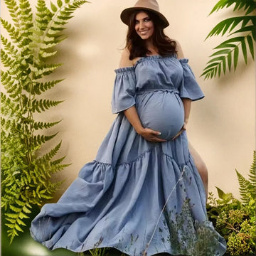 MQTIME  -  Solid Color Cotton Maternity Dress Off The Shoulder Elastic Strapless Short Sleeved Dress Suitable For Female Photography